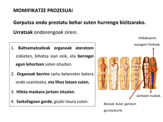 MOMIFIKATZE PROZESUA:
Gorputza ondo prestatu behar zuten hurrengo bizitzarako.
Urratsak ondorengoak ziren:
:
Hildakoaren
ezaugarri fisikoak.
Besoak bular gainean
gurutzaturik.
Jainkoen irudiak.
1. Baltsamatzaileak organoak ateratzen
zizkieten, bihotza izan ezik, eta berrogei
egun lehortzen usten zituzten.
2. Organoak berriro sartu belarrekin batera
ondo usaintzeko, eta lihoz lotzen zuten.
3. Hileta maskara jartzen zitzaien.
4. Sarkofagoan gorde, gizaki itxura zuten.
 