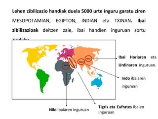 Lehen zibilizazio handiak duela 5000 urte inguru garatu ziren
MESOPOTAMIAN, EGIPTON, INDIAN eta TXINAN. Ibai
zibilizazioak deitzen zaie, ibai handien inguruan sortu
zirelako.
EGIPTO
INDIA
TXINA
Nilo ibaiaren inguruan
Tigris eta Eufrates ibaien
inguruan
Ibai Horiaren eta
Urdinaren inguruan.
Indo ibaiaren
inguruan
 