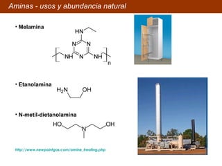 Aminas - usos y abundancia natural Etanolamina N-metil-dietanolamina Melamina http://www.newpointgas.com/amine_treating.php   