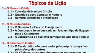 Tópicos da Lição
1 – O Namoro Cristão
1.1 – Conceito de Namoro Cristão
1.2 – Quando se deve Começar o Namoro
1.3 – Namoro Escondido e Prolongado
2 – O Noivado Cristão
2.1 – O Noivado é a Fase do Planejamento
2.2 – A Compreensão de que cada um leva um tipo de Bagagem
para o Casamento
2.3 – A Consciência de que está começando uma nova Família
3 – O Casamento Cristão
3.1 – O Casal cristão não deve andar pela própria cabeça nem
pela cabeça dos outros
 