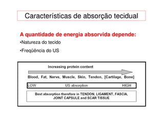 Características de absorção tecidual

A quantidade de energia absorvida depende:
•Natureza do tecido
•Freqüência do US
 