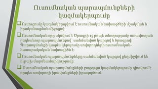 Ուսումնական պարապմունքների
կազմակերպումը
Ուսուցումը կազմակերպվում է ուսումնական նախագծերի մշակման և
իրականացման միջոցով։
Ուսումնական օրը սկսվում է Ծրագրի 15 րոպե տևողությամբ առավոտյան
ընդհանուր պարապմունքով` սահմանված կարգով և ծրագրով:
Պարապմունքի կազմակերպումը սովորողների ուսումնական-
հասարակական նախագիծն է:
Ուսումնական պարապմունքները սահմանված կարգով ընդմիջվում են
ուրախ մարմնամարզությամբ:
Ուսումնական պարապմունքների բացօթյա կազմակերպումը դիտվում է
որպես սովորողի իրավունքների իրագործում:
 