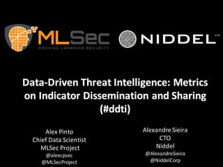 Data-­‐Driven	
  Threat	
  Intelligence:	
  Metrics	
  
on	
  Indicator	
  Dissemination	
  and	
  Sharing	
  
(#ddti)
Alex	
  Pinto
Chief	
  Data	
  Scientist	
  
MLSec Project
@alexcpsec
@MLSecProject
AlexandreSieira
CTO
Niddel
@AlexandreSieira
@NiddelCorp
 