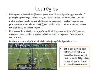 Les règles
• L’attaque a 4 tentatives (downs) pour franchir une ligne imaginaire de 10
yards (la ligne rouge ci-dessous), en réalisant des passes ou des courses.
• A chaque fois que le joueur d’attaque en possession du ballon pose un
genou au sol / sort du terrain (1), ou que le ballon touche le sol sans avoir
été capté (2), on arrête le jeu.
• Une nouvelle tentative sera jouée de là où le genou s’est posé (1), ou au
même endroit que la tentative précédente (2) si la passe n’arrive pas à
destination.
• Ces tentatives se répètent ainsi de suite jusqu’à la ligne d’en-but.
• 1st & 10: signifie que
l’attaque en est à sa
première tentative, et
qu’il lui reste 10 yards à
parcourir pour obtenir
4 nouvelles tentatives
 