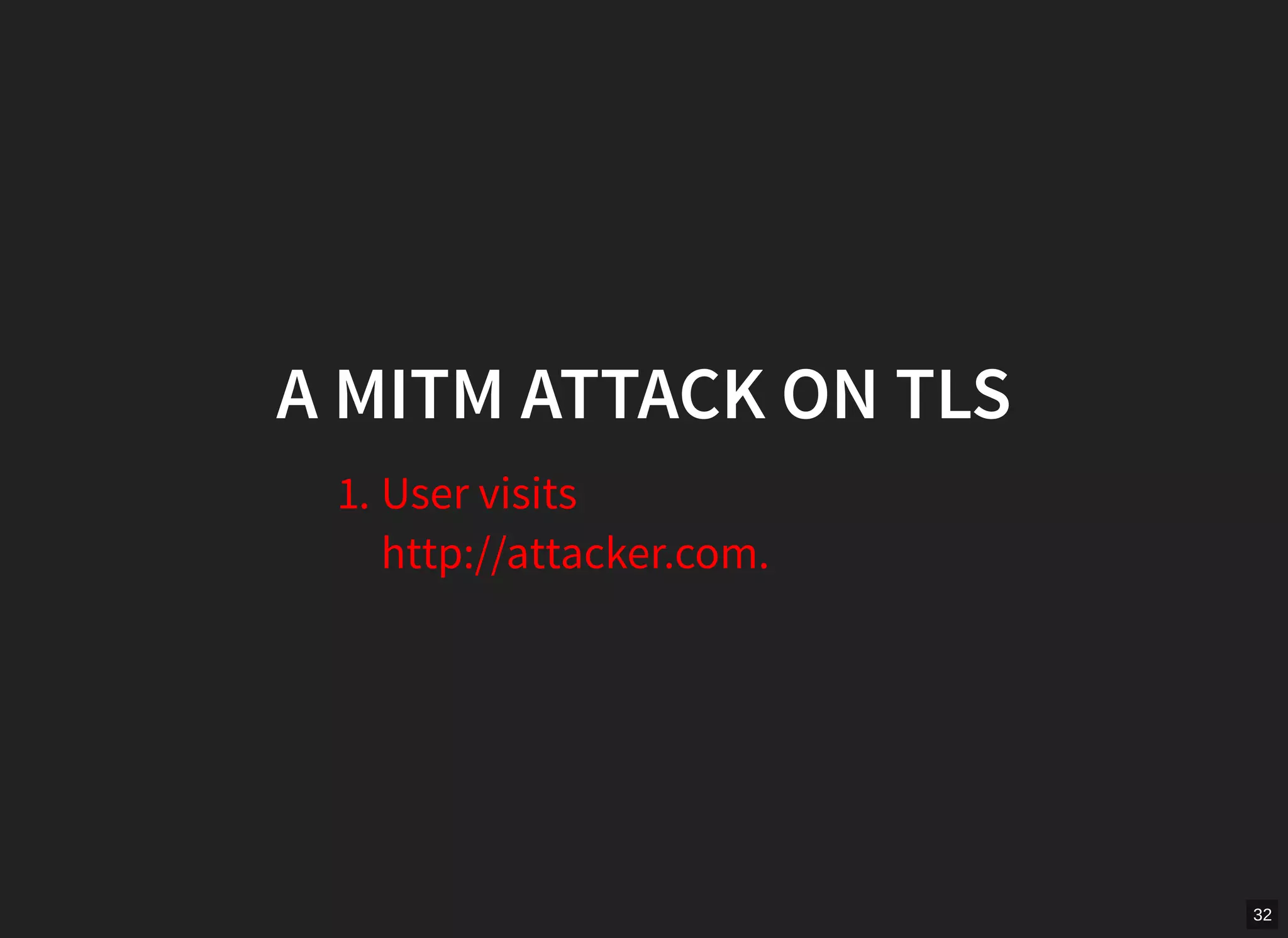 32
A MITM ATTACK ON TLS
1. User visits
http://attacker.com.
 
