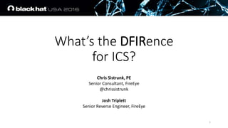 What’s the DFIRence
for ICS?
Chris Sistrunk, PE
Senior Consultant, FireEye
@chrissistrunk
Josh Triplett
Senior Reverse Engineer, FireEye
1
 