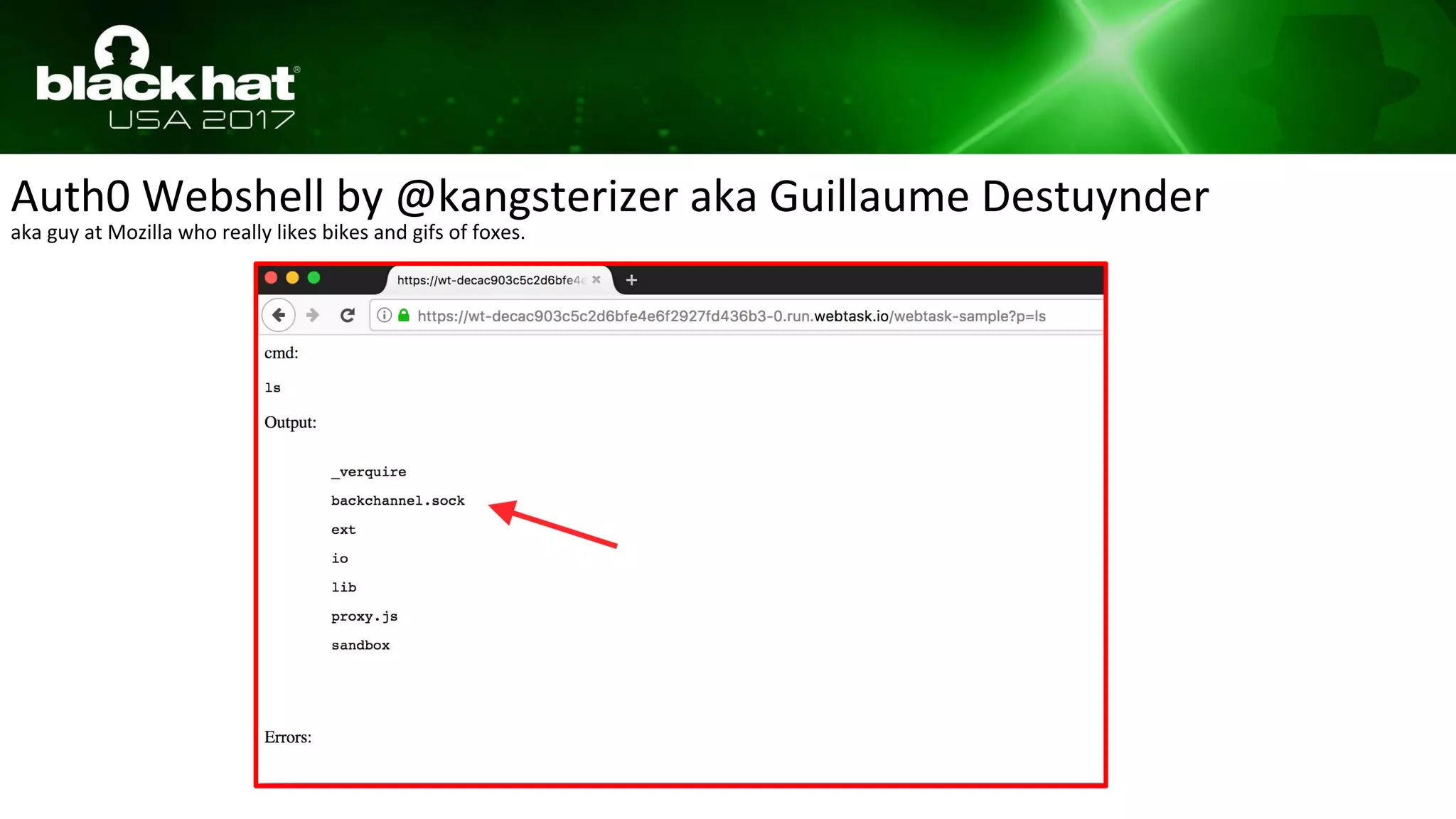 Auth0 Webshell by @kangsterizer aka Guillaume Destuynder
aka guy at Mozilla who really likes bikes and gifs of foxes.
 