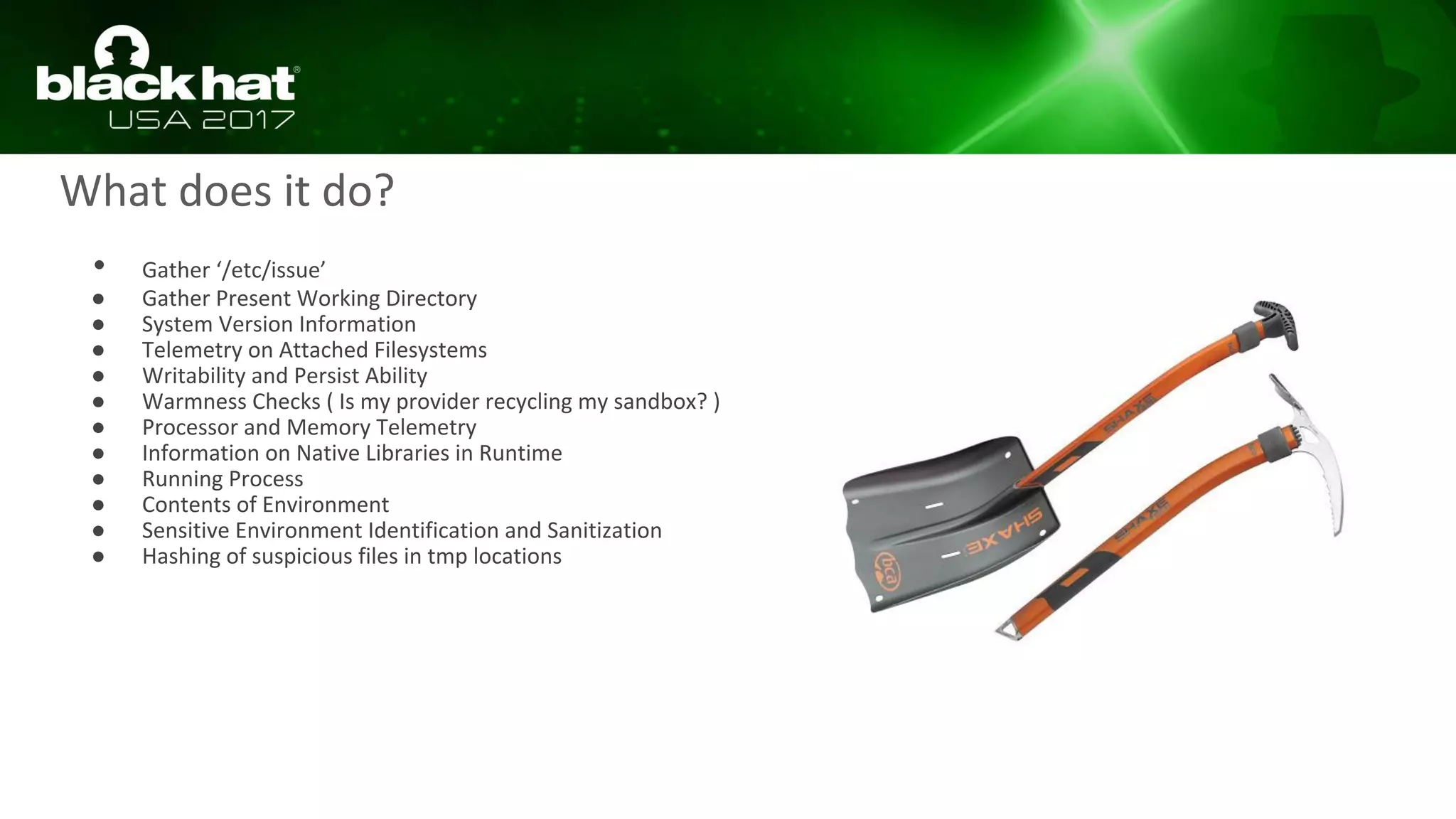 What does it do?
• Gather ‘/etc/issue’
● Gather Present Working Directory
● System Version Information
● Telemetry on Attached Filesystems
● Writability and Persist Ability
● Warmness Checks ( Is my provider recycling my sandbox? )
● Processor and Memory Telemetry
● Information on Native Libraries in Runtime
● Running Process
● Contents of Environment
● Sensitive Environment Identification and Sanitization
● Hashing of suspicious files in tmp locations
 