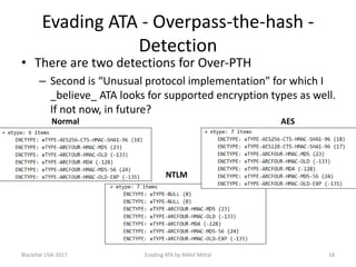 Evading ATA - Overpass-the-hash -
Detection
• There are two detections for Over-PTH
– Second is “Unusual protocol implementation” for which I
_believe_ ATA looks for supported encryption types as well.
If not now, in future?
Normal
NTLM
AES
BlackHat USA 2017 18Evading ATA by Nikhil Mittal
 