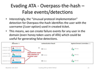 Evading ATA - Overpass-the-hash –
False events/detections
• Interestingly, the “Unusual protocol implementation”
detection for Overpass-the-hash identifies the user with the
username (/user option) used in created ticket.
• This means, we can create failure events for any user in the
domain (even honey token users of ATA) which could be
useful for generating false detections.
BlackHat USA 2017 21Evading ATA by Nikhil Mittal
 