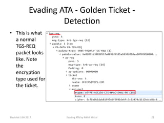Evading ATA - Golden Ticket -
Detection
• This is what
a normal
TGS-REQ
packet looks
like. Note
the
encryption
type used for
the ticket.
BlackHat USA 2017 23Evading ATA by Nikhil Mittal
 
