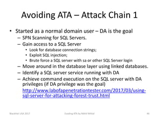 Avoiding ATA – Attack Chain 1
• Started as a normal domain user – DA is the goal
– SPN Scanning for SQL Servers.
– Gain access to a SQL Server
• Look for database connection strings;
• Exploit SQL injection;
• Brute force a SQL server with sa or other SQL Server login
– Move around in the database layer using linked databases.
– Identify a SQL server service running with DA
– Achieve command execution on the SQL server with DA
privileges (if DA privilege was the goal)
http://www.labofapenetrationtester.com/2017/03/using-
sql-server-for-attacking-forest-trust.html
BlackHat USA 2017 46Evading ATA by Nikhil Mittal
 