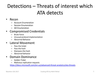 Detections – Threats of interest which
ATA detects
• Recon
– Account Enumeration
– Session Enumeration
– AD Enumeration
• Compromised Credentials
– Brute Force
– Unusual protocol implementation
– Abnormal Behavior
• Lateral Movement
– Pass the ticket
– Pass the hash
– Overpass-the-hash
– Abnormal behavior
• Domain Dominance
– Golden Ticket
– Malicious replication requests
https://docs.microsoft.com/en-us/advanced-threat-analytics/ata-threats
BlackHat USA 2017 7Evading ATA by Nikhil Mittal
 