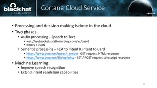 Cortana Cloud Service
• Processing and decision making is done in the cloud
• Two phases
• Audio processing – Speech to Text
• wss://websockets.platform.bing.com/ws/cu/v3
• Binary + JSON
• Semantic processing – Text to Intent & Intent to Card
• https://www.bing.com/speech_render - GET request, HTML response
• https://www.bing.com/DialogPolicy - GET / POST request, Javascript response
• Machine Learning
• Improve speech recognition
• Extend intent resolution capabilities
11
 