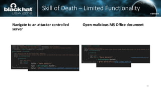 Navigate to an attacker controlled
server
Open malicious MS Office document
Skill of Death – Limited Functionality
42
 