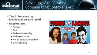 Preventing Voice Attacks:
Compensating Controls Take 1
• Take 1: Put a security
Microphone on each room?
• Disadvantages:
• Privacy
• Cost
• Audio directionality
• Audio semantics
• Not all attacks are audible
• Detection only
49
 