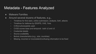 Metadata - Features Analyzed
● Malware Families
● Around several dozens of features, e.g.,
○ Timelines for first seen, online submission, analysis, SoK, attacks
○ Timelines for defense by IDS/IPS, VAS, Yara
○ CVEs/vulns/exploits used
○ CVSS scores base and temporal - both v2 and v3
○ Credential details
○ Source availability
○ Botnet characteristics (e.g., size, countries)
○ Missing, incorrect or inconsistent/confusing information to be fixed
 