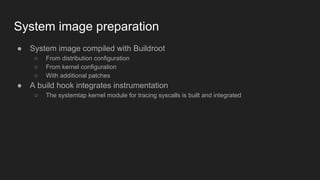 System image preparation
● System image compiled with Buildroot
○ From distribution configuration
○ From kernel configuration
○ With additional patches
● A build hook integrates instrumentation
○ The systemtap kernel module for tracing syscalls is built and integrated
 