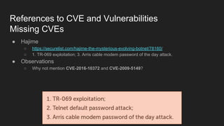 References to CVE and Vulnerabilities
Missing CVEs
● Hajime
○ https://securelist.com/hajime-the-mysterious-evolving-botnet/78160/
○ 1. TR-069 exploitation; 3. Arris cable modem password of the day attack.
● Observations
○ Why not mention CVE-2016-10372 and CVE-2009-5149?
 