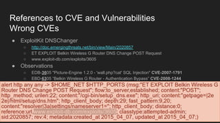 References to CVE and Vulnerabilities
Wrong CVEs
● ExploitKit DNSChanger
○ http://doc.emergingthreats.net/bin/view/Main/2020857
○ ET EXPLOIT Belkin Wireless G Router DNS Change POST Request
○ www.exploit-db.com/exploits/3605
● Observations
○ EDB-3605 "Picture-Engine 1.2.0 - 'wall.php?cat' SQL Injection" CVE-2007-1791
○ EBD-6305 “Belkin Wireless G Router - Authentication Bypass” CVE-2008-1244
 