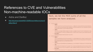 References to CVE and Vulnerabilities
Non-machine-readable IOCs
● Aidra and Darlloz
● http://avg.soup.io/post/402112529/Linux-Aidra-vs-Linux-D
arlloz-War-of
 