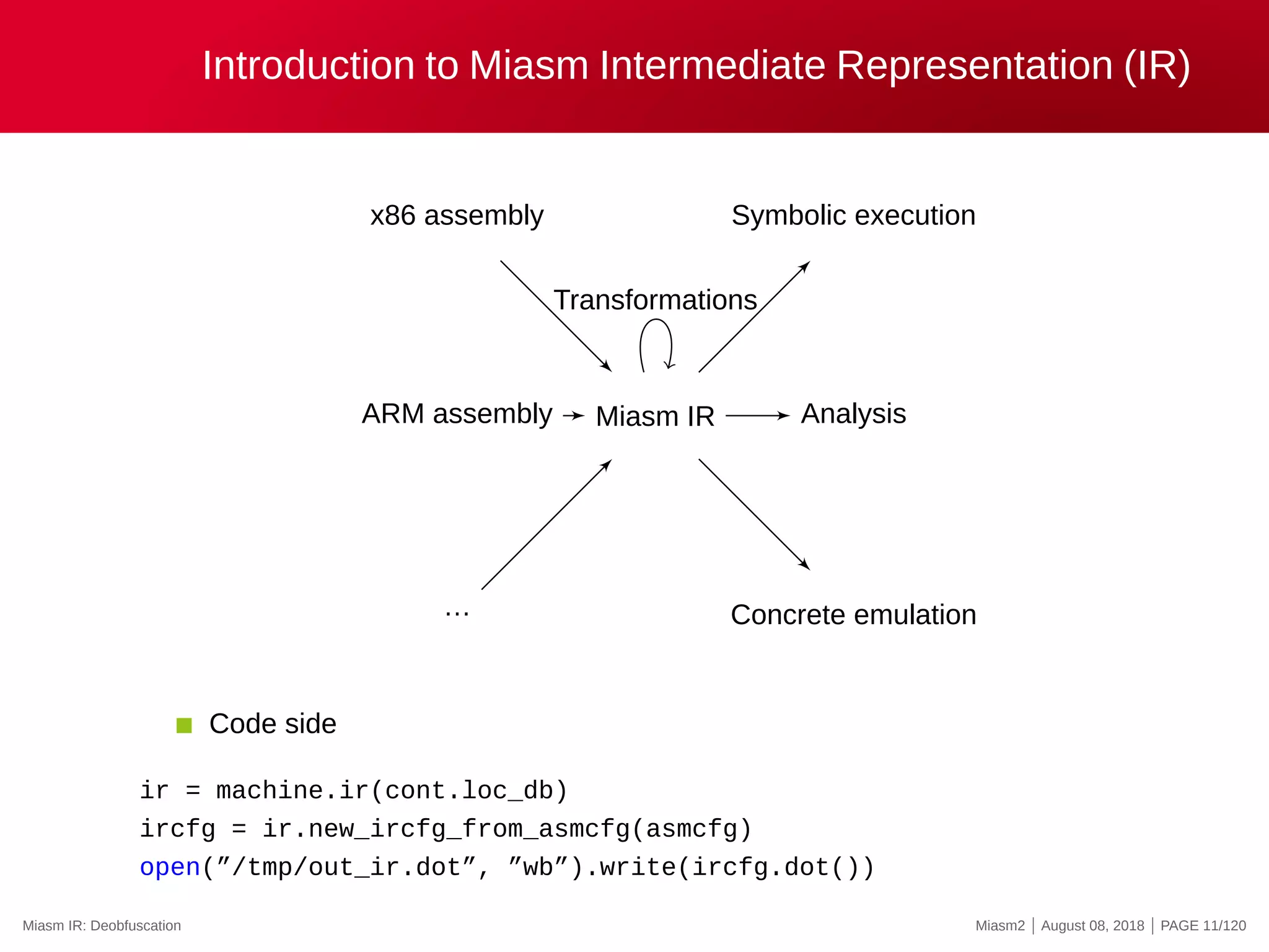 Introduction to Miasm Intermediate Representation (IR)
x86 assembly
ARM assembly
…
Miasm IR Analysis
Concrete emulation
Symbolic execution
Transformations
Code side
ir = machine.ir(cont.loc_db)
ircfg = ir.new_ircfg_from_asmcfg(asmcfg)
open(”/tmp/out_ir.dot”, ”wb”).write(ircfg.dot())
Miasm IR: Deobfuscation Miasm2 | August 08, 2018 | PAGE 11/120
 