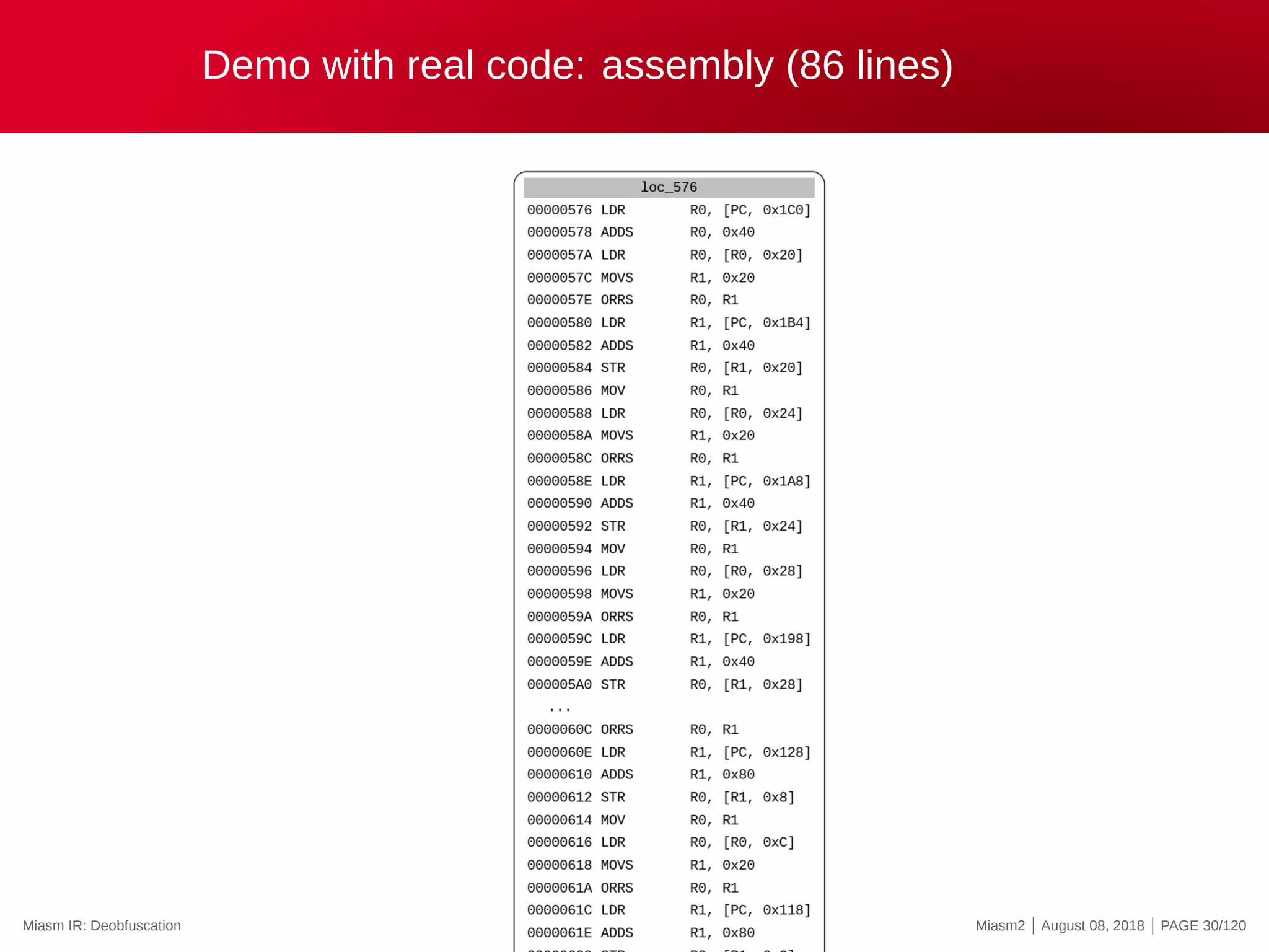 Demo with real code: assembly (86 lines)
Miasm IR: Deobfuscation Miasm2 | August 08, 2018 | PAGE 30/120
 
