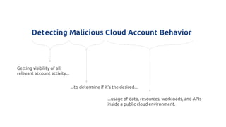 Detecting Malicious Cloud Account Behavior
Getting visibility of all
relevant account activity...
...to determine if it’s the desired...
...usage of data, resources, workloads, and APIs
inside a public cloud environment.
 