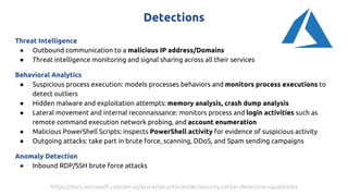 Detections
Threat Intelligence
● Outbound communication to a malicious IP address/Domains
● Threat intelligence monitoring and signal sharing across all their services
Behavioral Analytics
● Suspicious process execution: models processes behaviors and monitors process executions to
detect outliers
● Hidden malware and exploitation attempts: memory analysis, crash dump analysis
● Lateral movement and internal reconnaissance: monitors process and login activities such as
remote command execution network probing, and account enumeration
● Malicious PowerShell Scripts: inspects PowerShell activity for evidence of suspicious activity
● Outgoing attacks: take part in brute force, scanning, DDoS, and Spam sending campaigns
Anomaly Detection
● Inbound RDP/SSH brute force attacks
https://docs.microsoft.com/en-us/azure/security-center/security-center-detection-capabilities
 