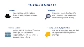 This Talk is Aimed at
Attackers
How malicious activity is being
detected with the latest services
enabled.
Business Leaders
Understand the cloud-specific threat
landscape, the cloud shared
responsibility model, and where to
focus detection efforts.
Security Architects/Ops/Builders
How and when to best leverage their
cloud provider’s security service
offerings.
Defenders
Know more about cloud-specific
attack indicators and how to gain
better visibility of that activity.
 