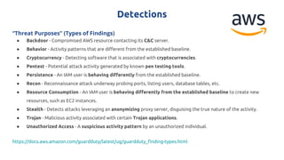 Detections
“Threat Purposes” (Types of Findings)
● Backdoor - Compromised AWS resource contacting its C&C server.
● Behavior - Activity patterns that are different from the established baseline.
● Cryptocurrency - Detecting software that is associated with cryptocurrencies.
● Pentest - Potential attack activity generated by known pen testing tools.
● Persistence - An IAM user is behaving differently from the established baseline.
● Recon - Reconnaissance attack underway probing ports, listing users, database tables, etc.
● Resource Consumption - An IAM user is behaving differently from the established baseline to create new
resources, such as EC2 instances.
● Stealth - Detects attacks leveraging an anonymizing proxy server, disguising the true nature of the activity.
● Trojan - Malicious activity associated with certain Trojan applications.
● Unauthorized Access - A suspicious activity pattern by an unauthorized individual.
https://docs.aws.amazon.com/guardduty/latest/ug/guardduty_finding-types.html
 