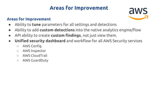 Areas for Improvement
Areas for Improvement
● Ability to tune parameters for all settings and detections
● Ability to add custom detections into the native analytics engine/flow
● API ability to create custom findings, not just view them.
● Unified security dashboard and workflow for all AWS Security services
○ AWS Config
○ AWS Inspector
○ AWS CloudTrail
○ AWS GuardDuty
 