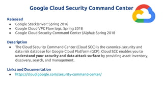 Google Cloud Security Command Center
Released
● Google StackDriver: Spring 2016
● Google Cloud VPC Flow logs: Spring 2018
● Google Cloud Security Command Center (Alpha): Spring 2018
Description
● The Cloud Security Command Center (Cloud SCC) is the canonical security and
data risk database for Google Cloud Platform (GCP). Cloud SCC enables you to
understand your security and data attack surface by providing asset inventory,
discovery, search, and management.
Links and Documentation
● https://cloud.google.com/security-command-center/
 