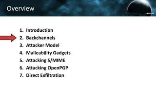Overview
1. Introduction
2. Backchannels
3. Attacker Model
4. Malleability Gadgets
5. Attacking S/MIME
6. Attacking OpenPGP
7. Direct Exfiltration
 