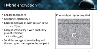 Content-type: app/encrypted
𝑠
• Choose message 𝑚
• Generate session key 𝑠
• Encrypt message 𝑚 with session key 𝑠
• 𝑐 = 𝐴𝐸𝑆𝑠(𝑚)
• Encrypt session key 𝑠 with public key
𝑝𝑢𝑏 of recipient
• 𝑘 = 𝑅𝑆𝐴 𝑝𝑢𝑏(𝑠)
• Send the encrypted session key and
the encrypted message to the recipient
21
𝒌
Dear Alice,
thank you for your email.
The meeting tomorrow
will be at 9 o‘clock.
c
Hybrid encryption
 