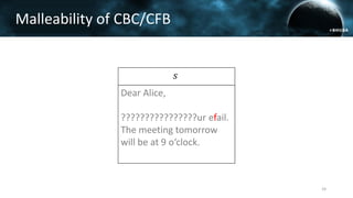 𝒄↯
𝑠
Dear Alice,
????????????????ur efail.
The meeting tomorrow
will be at 9 o‘clock.
24
Malleability of CBC/CFB
 