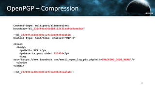 OpenPGP – Compression
Content-Type: multipart/alternative;
boundary="b1_232f841e30b3b8112f31ed86c8cee5ab"
--b1_232f841e30b3b8112f31ed86c8cee5ab
Content-Type: text/html; charset="UTF-8"
<html>
<body>
<p>Hello XXX,</p>
<p>here is your code: 123456</p>
<img
src="https://www.facebook.com/email_open_log_pic.php?mid=TRACKING_CODE_HERE"/>
</body>
</html>
--b1_232f841e30b3b8112f31ed86c8cee5ab--
44
 