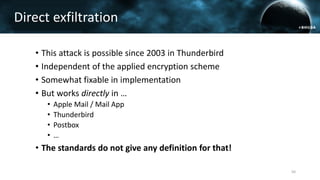 • This attack is possible since 2003 in Thunderbird
• Independent of the applied encryption scheme
• Somewhat fixable in implementation
• But works directly in …
• Apple Mail / Mail App
• Thunderbird
• Postbox
• …
• The standards do not give any definition for that!
Direct exfiltration
50
 