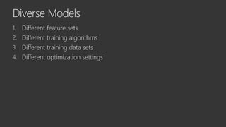 1. Different feature sets
2. Different training algorithms
3. Different training data sets
4. Different optimization settings
 