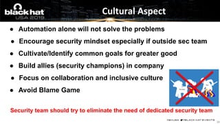 ● Automation alone will not solve the problems
● Encourage security mindset especially if outside sec team
● Cultivate/Identify common goals for greater good
● Build allies (security champions) in company
● Focus on collaboration and inclusive culture
● Avoid Blame Game
Security team should try to eliminate the need of dedicated security team
Cultural Aspect
38
 