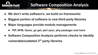 ● We don’t write software's, we build on frameworks
● Biggest portion of software is now third party libraries
● Major lan...