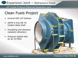 Expansion Joint –  Refractory-lined Clean Fuels Project Inconel 625 LCF bellows ASTM A-516 GR 70  Carbon Steel shell Insulating and abrasion resistant refractory Pressure tested with air at 15 PSIG 63" In-line Pressure Balanced Expansion Joint Drawing on Next Slide   