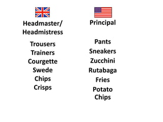 Headmaster/    Principal
Headmistress
  Trousers      Pants
  Trainers     Sneakers
 Courgette     Zucchini
   Swede       Rutabaga
    Chips        Fries
   Crisps       Potato
                Chips
 