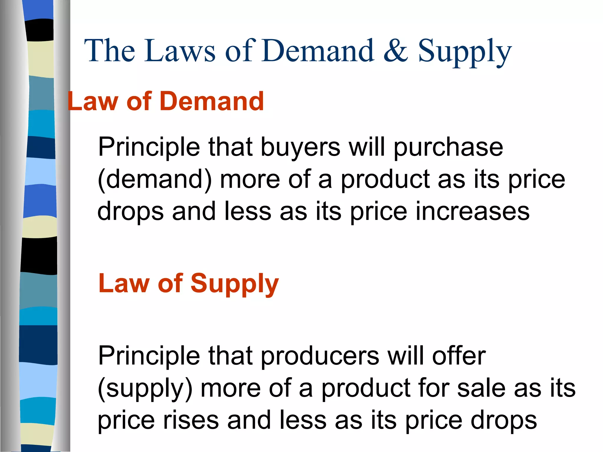 The Laws of Demand & Supply  Law of Demand Principle that buyers will purchase (demand) more of a product as its price drops and less as its price increases  Law of Supply Principle that producers will offer (supply) more of a product for sale as its price rises and less as its price drops  
