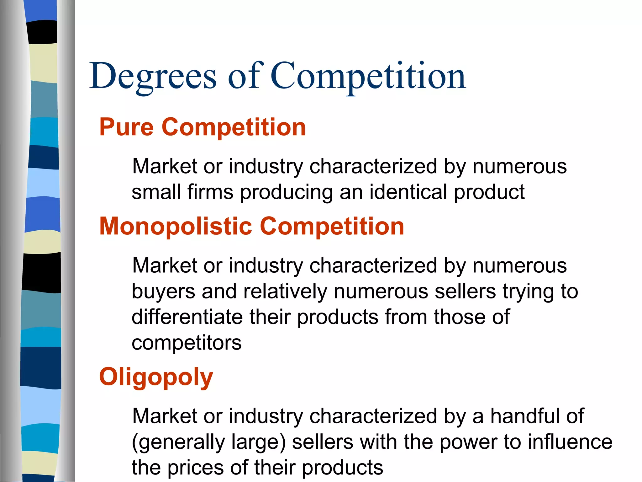 Degrees of Competition Pure Competition Market or industry characterized by numerous small firms producing an identical product Monopolistic Competition Market or industry characterized by numerous buyers and relatively numerous sellers trying to differentiate their products from those of competitors  Oligopoly  Market or industry characterized by a handful of (generally large) sellers with the power to influence the prices of their products 