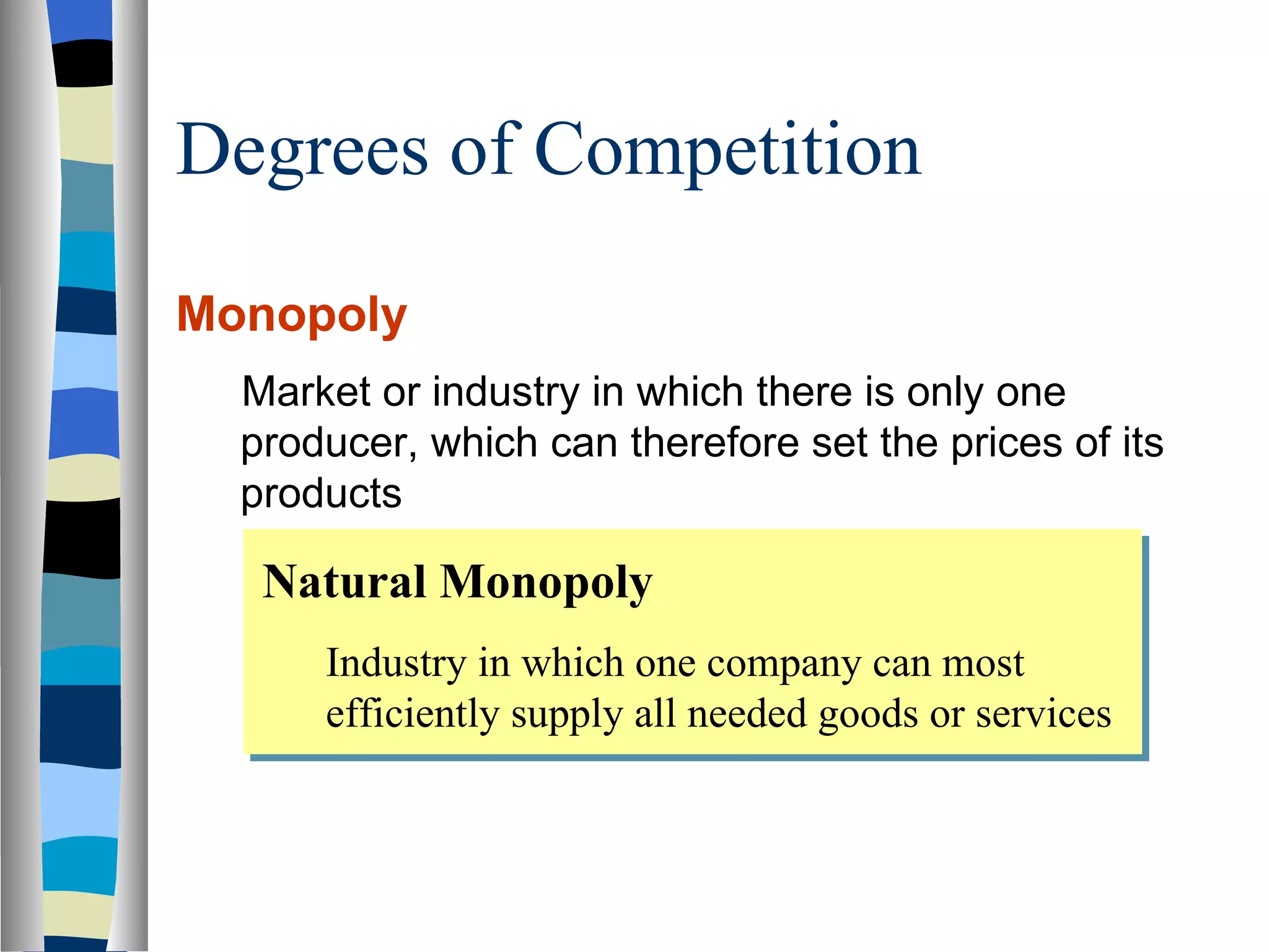 Degrees of Competition Monopoly Market or industry in which there is only one producer, which can therefore set the prices of its products  Natural Monopoly Industry in which one company can most efficiently supply all needed goods or services 