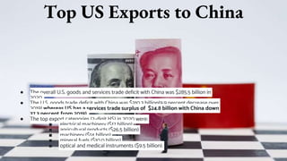 Top US Exports to China
● The overall U.S. goods and services trade deficit with China was $285.5 billion in
2020.
● The U.S. goods trade deficit with China was $310.3 billion(9.9 percent decrease over
2019) whereas US has a services trade surplus of $24.8 billion with China down
37.3 percent from 2019).
● The top export categories (2-digit HS) in 2020 were:
■ electrical machinery ($17 billion)
■ agricultural products ($26.5 billion)
■ machinery ($14 billion)
■ mineral fuels ($10.0 billion)
■ optical and medical instruments ($9.5 billion).
 