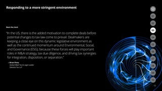 03
02
06
09
05
08
04
07
01
03
02
10
10
Beat the clock
“
In the US, there is the added motivation to complete deals before
potential changes to tax law come to prevail. Dealmakers are
keeping a close eye on this dynamic legislative environment as
well as the continued momentum around Environmental, Social,
and Governance (ESG), because these forces will play important
roles in MA strategy, tax due diligence, and driving tax synergies
for integration, disposition, or separation.”
—
Brian Pinto
Global MA Tax  Legal Leader
Deloitte Tax LLP
Responding to a more stringent environment
 