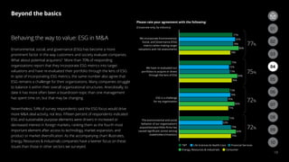 77%
81%
78%
86%
74%
75%
72%
73%
84%
76%
73%
74%
70%
80%
71%
72%
63%
75%
82%
75%
We incorporate Environmental,
Social, and Governance (ESG)
metrics when making target
valuations and risk assessments
We have re-evaluated our
portfolios to acquire or divest
through the lens of ESG
ESG is a challenge
for my organization
The environmental and social
behavior of our organization’s
acquisitions/portfolio ﬁrms has
caused signiﬁcant unrest among
stakeholders/investors
Please rate your agreement with the following:
(Corporate only, by industry)
TMT Life Sciences  Health Care Financial Services
Energy, Resources  Industrials Consumer
77%
75%
72%
72%
Beyond the basics
19
Behaving the way to value: ESG in MA
Environmental, social, and governance (ESG) has become a more
prominent factor in the way customers and society evaluate companies.
What about potential acquirers? More than 70% of responding
organizations report that they incorporate ESG metrics into target
valuations and have re-evaluated their portfolio through the lens of ESG.
In spite of incorporating ESG metrics, the same number also agree that
ESG remains a challenge for their organizations. Many companies struggle
to balance it within their overall organizational structures. Anecdotally, to
date it has more often been a boardroom topic than one management
has spent time on, but that may be changing.
Nevertheless, 54% of survey respondents said the ESG focus would drive
more MA deal activity, not less. Fifteen percent of respondents indicated
ESG and sustainable purpose elements were drivers in increased or
decreased interest in foreign markets, ranking them as the fourth most
important element after access to technology, market expansion, and
product or market diversification. As the accompanying chart illustrates,
Energy, Resources  Industrials companies have a keener focus on these
issues than those in other sectors we surveyed.
03
02
06
09
05
08
04
07
01
03
02
10
 